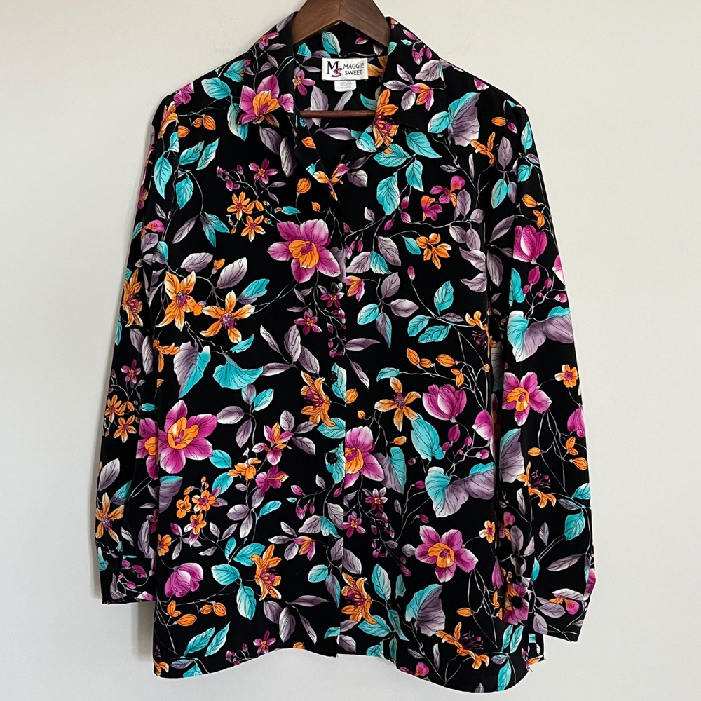 Maggie Sweet Womens Floral Button Down Blouse Black Long Sleeve Notched Collar M